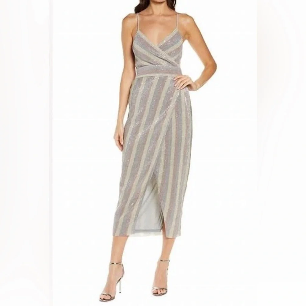 Saylor - Meghan Multi Colored Sequin Stripped Faux Wrap Midi Dress Size Small